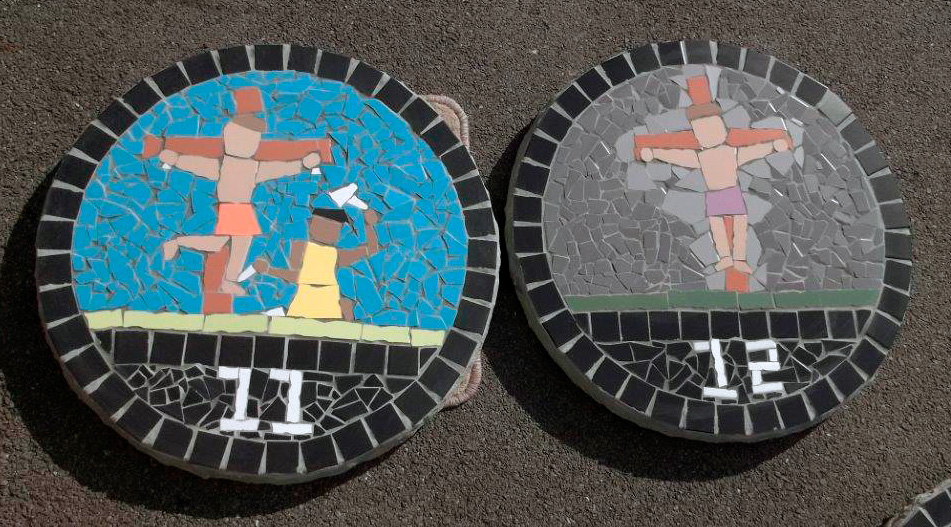 2 Stations of the Cross paving slabs created by St. Joseph's Primary School.